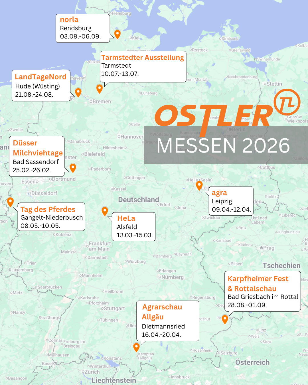 Übersicht der Messen, auf denen ihr die Ostler Hoflader live erleben könnt.