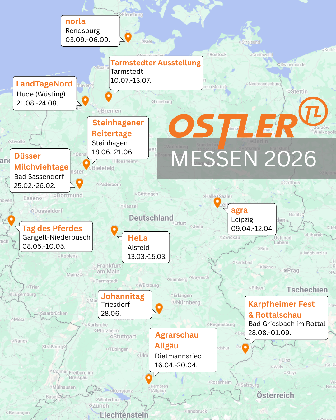 Übersicht der Messen, auf denen ihr die Ostler Hoflader live erleben könnt.
